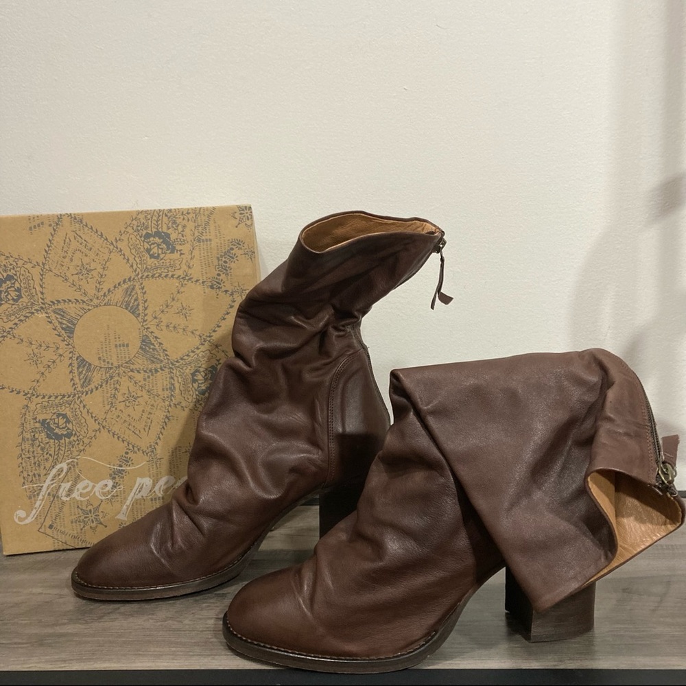 Free People Elle Block Heel Boot Chocolate Brown Leather Ruched Detail Boots NEW - Picture 15 of 16